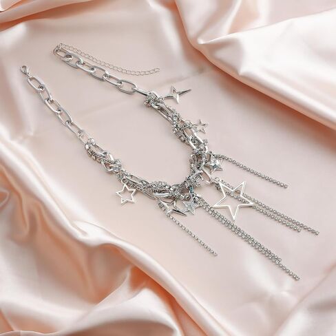 Y2k Star Choker Necklace for Women,Chunky Silver Star Layered Choker Long Chain Heart Pear Tassel Necklace Trendy Statement Necklace Jewelry in Saudi Arabia