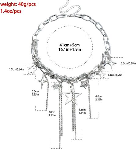 Y2k Star Choker Necklace for Women,Chunky Silver Star Layered Choker Long Chain Heart Pear Tassel Necklace Trendy Statement Necklace Jewelry in Saudi Arabia