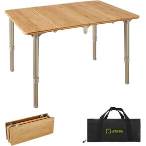 ATEPA Bamboo Folding Camping Table with Adjustable Height Aluminum Legs Small Coffee Table Patio Table Portable Outdoor Table Camp Tables for Travel, Picnic, Outdoor and Indoor