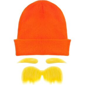 Phndreg 3Pcs Orange and Yellow Costume Set Yellow Mustache and Eyebrows Knit Hat Self Adhesive Fake Beard Facial Hair Set for Men Women Cosplay Dress Up