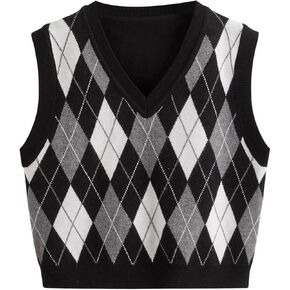 Milumia Girl's Argyle Blaid Sweater سترة جولة رقبة بلا أكمام محصول أعلى أسود ورمادي 8 سنوات