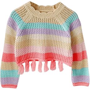 Girls Color Block Tassel Sweaters Crew Neck Long Sleeve Knitted Pullover Tops