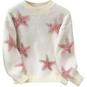 SHENHE Girl's Sweater Pullover Star Print Crew Neck Long Sleeve Cute Preppy Sweater