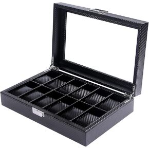 Watch Box Organizer for Men Women,12 Slots Carbon Fiber Watches Holder Display Storage Case with Glass Lid,Black