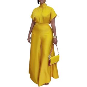 Ptorlio Elegant Women 2 Piece Outfit Satin Wide Leg Pants Short Sleeve Blouses Going Out Set