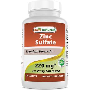 Best Naturals Zinc Sulfate 220 Mg 120 Tablet - تم اختبار مختبر الطرف الثالث - المصنوع في الولايات المتحدة الأمريكية - خالية من الغلوتين وغير المعدلة وراثيًا