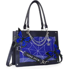حقيبة حمل جلدية للنساء ، حقيبة حقيبة Goth glam مقبض كبير مقبض حقائب يد لمحفظة ليدي - فراشات خيوط العنكبوت