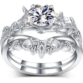 Round Shape Moissanite Engagement Ring Set for Women, 925 Sterling Silver 1 Carat Moissanite Leaf Wedding Ring Set Anniversary Jewelry Bridal Gifts for Women