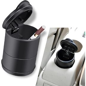 Car Ashtray with Lid, One Hand Opening and Closing Creative LED Light Design High Temperature Resistant Flame Retardant Liner Small Trash Can, Portable Accessories for Most Cars (Black)