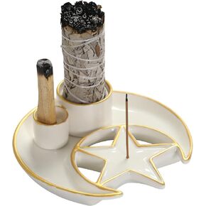 Palo Santo Holder, Sage Burner, Ceramic 4 in1 Incense Holder, Smudge Bowl, Cone Incense Holder, Sage Holder for Burning, Incense Sticks Holder, Sage Burning Bowl, Ceramic Candle Holder
