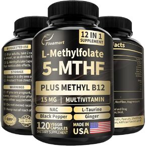 L Methylfolate 15mg Plus Methyl B12 Supplement Active 5-MTHF Form Made in USA Methylfolate High Absorption L Methyl Folate Third Party Tested (120 Vegan Capsules)