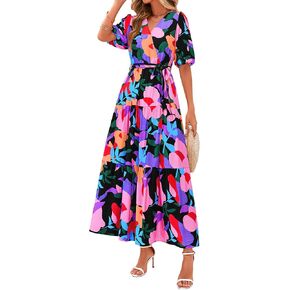 PRETTYGARDEN Women's Summer Maxi Dress 2025 Resort Wear Boho Floral V Neck Puff Short Sleeve Ruffle Flowy Beach Long Dresses