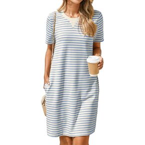 Glamaker Women Summer Tshirt Shift Dress Casual Striped Short Sleeve Crew Neck Knee Length Comfy Dress with Pockets