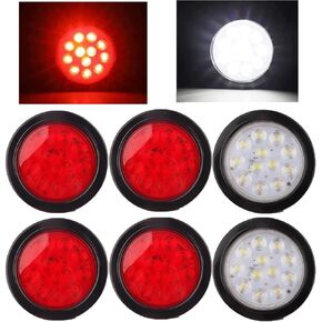6pcs 4 بوصة مستديرة LED مصابيح الذيل - 4 بوصة مستديرة LED أوقف تشغيل أضواء الذيل المقطورة احتياطية مصابيح الضباب العكسي 12 LED للشاحنات RV Rubber Grommet 3 Prong Wire Pigtains (4Red+2 White)