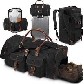 Arcfox Vintage Waxed Waxed Canvas Mens Duffle Bag للسفر ، أكياس سفر قابلة للتوسيع 45 لترًا للرجال القابلة للتحويل ، حقيبة أسبوعية بين عشية وضحاها مع مقصورة الأحذية ، وحمل أكياس للطائرات ، والبني