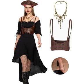 Pirate Costume Women with Underbust Corset High Low Renaissance Pirate Dress Costume with Accessories 4PCS
