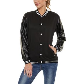 Mowbeat Women Leather Baseball Jacket Unisex Varsity Uniform Long Sleeve Adult Casual Cardigan Men's Track Jacket