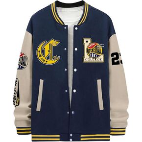 Men's Number Graphic Button Down Varsity Jacket Striped Trim Colorblock Long Sleeve Baseball Jackets Outwear