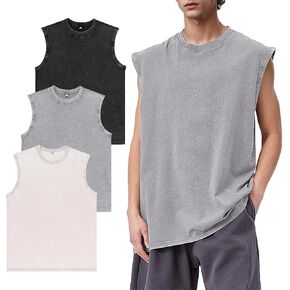 Eisctnd 3 Pack Men's Cotton Sleeveless Muscle Tank Tops Vintage Acid Wash Cutoff Loose Workout Tee Shirts Running