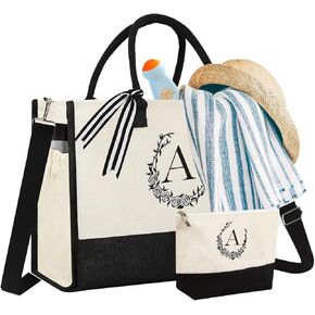Personalized Floral Initial Tote Bag with Makeup Bag,Large Canvas Beach and Travel Bag for Moms, Grandmas
