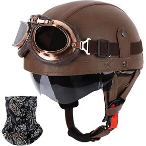 Vintage German Leather Motorcycle Half Helmet, DOT Approved Adult Men Women Half Face Motorcycle Helmets, with Goggles and Visor, for Bicycle Cruiser Scooter Chopper(Brown,M(57~58cm))