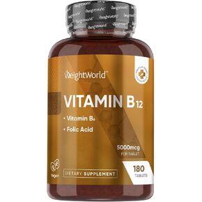 Wouldworld Vitamin B12 5000 MCG - 180 أقراص نباتية (إمدادات 6 أشهر) - مع فيتامين B6 (2 ملغ) وفولات (800 ميكروغرام) - فيتامين عالي القوة B12 مثل ميثيل كوبالامين للطاقة والحياة النشطة - غير المعدلة وراثيا