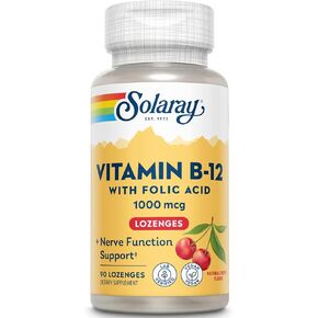 SOLARAY Vitamin B-12 1000mcg Lozenges with Folic Acid | Natural Cherry Flavor | Healthy Energy Support | 90CT