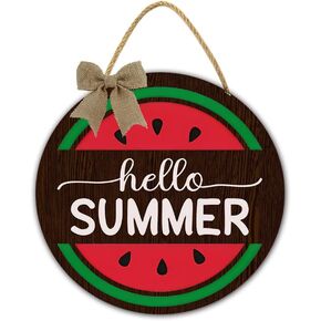 Tymall Hello Summer Sign Sign Sign Sign Round Round Summer Watermelon Wooden Plaque Well Sign Sign Watermelon علامة شنقا للباب الأمامي مزرعة جدار الشرفة ديكورات 12 "