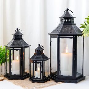 TRIROCKS Set of 3 Decorative Candle Lanterns18''&13"&10" H Hexagonal Candle Holder Vintage Metal Hanging Lantern with Tempered Glass for Garden Patio Wedding Event Indoors Outdoors(White)