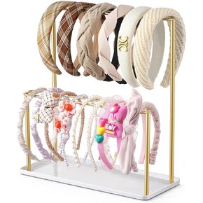Headband Holder Organizer Metal 2-Tier with Tray: Hair Accessories Display Stand Storage Hairband Rack Necklace Stand Home Bedroom for Girls Women, Gold