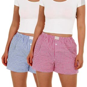 2 Pack Women's Y2k Pajamas Shorts Plaid Boxers Shorts Elastic Waist Gingham Sleep Lounge Shorts