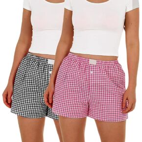 2 Pack Women's Y2k Pajamas Shorts Plaid Boxers Shorts Elastic Waist Gingham Sleep Lounge Shorts in Saudi Arabia