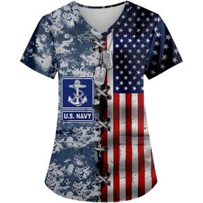 AMOMA Women V-Neck American Flag Independence Day Scrub Shirts Loose Fit Short Sleeve Nursing Tops with Pockets