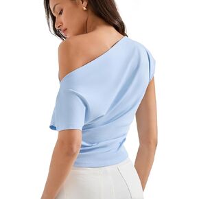 SUUKSESS Women Off The Shoulder Summer Tops One Shoulder T Shirt Casual Short Sleeve Boat Neck Tees