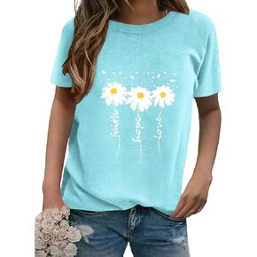 Women Crewneck Daisy Print Short Sleeve T-Shirts Summer Faith-Hope-Love Raglan Sleeve Tees Loose Fit Graphic Tops 2024
