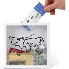 Adventure Archive Box, 7.91x7.91 Inch Wooden Travel Keepsake Memory Box with Slot On Top Loading Ticket Shadow Box Life in A Box Frame Holder for Display Picture Ticket Postcard Medal Keepsake (White)