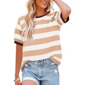 Womens Tops Cotton Casual Color Block Striped Short Sleeve Shirts Crewneck T Shirts Loose Basic Tee Blouses