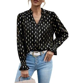 Women's Spring Fall Long Sleeve V Neck Printed Shirt Regular Fit Work Business Blouse Top