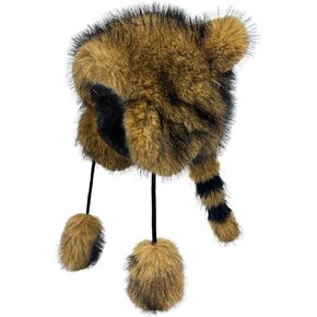 Fluffy Raccoon Hat Thermal Plush Furry Raccoon Tail Hat Faux Fur Windproof Beanie Animal Themed Costume Hat