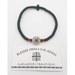 حبل الصلاة اليونانية اليونانية الأرثوذكسية اليدوية من Mt.athos (Komboskoini chotki) رقيقة أسود ICXC Nika