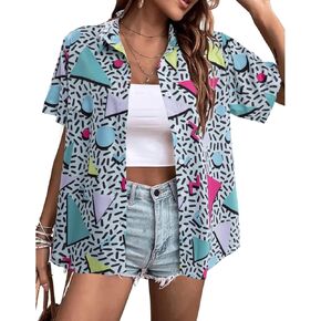 yolsun 80s 90s Shirts for Women 80s Retro Disco Party Hawaiian Shirt Short Sleeve Neon Button Down Blouse Tops