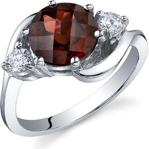 PEORA Garnet 3-Stone Ring for Women 925 Sterling Silver, Natural Gemstone, 2.25 Carats Round Shape 8mm, Sizes 5 to 9