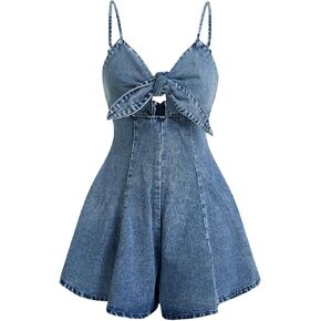 OYOANGLE Women's Vintage Bowknot Spaghetti Strap Denim Romper Sleeveless Wide Leg Jean Short Jumpsuits