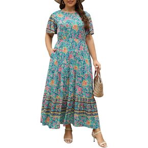 Nemidor Plus Size Maxi Dresses for Curvy Women Summer Casual Boho Ditsy Floral Print Layered Flared Long Dress with Pocket