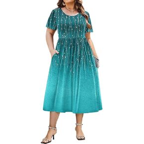 In'voland Women بالإضافة إلى حجم قصير الأكمام فستان فضفاض الصيف غير الرسمي ثياب ميدي متدفق مع جيوب