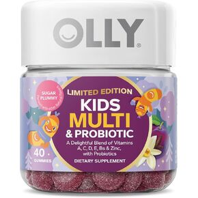 OLLY Kids Multivitamin & Probiotic, Limited Edition, Digestive Support, Vitamins A, D, C, E, B, Zinc, Chewable Supplement, Sugar Plummy - 40ct