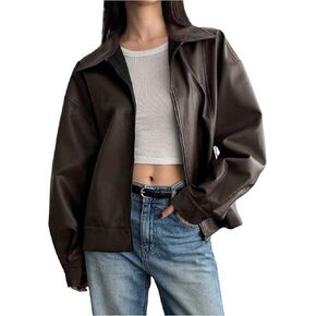 SOLY HUX Women's Zip Up Collared Faux Leather Motorcycle Jackets Causal Lightweight Oversized Outerwear Coat