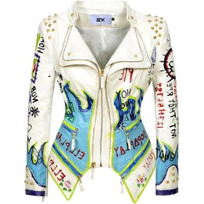 Fashion SX Women's hand-painted graffiti Fashion Studded Perfectly Shaping Faux Leather Biker Jacket