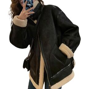 LoveImgs النساء الضخم من جلد الغزال من جلد الغزال Moto Screet Sherpa Fleece المبطنة بالجلد الجلدي طيار طيار معطف فرو معطف