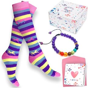 Cantik Quality Knee High Horse Socks for Girls في صندوق هدايا جميل. هدية حصان مثالية للفتيات والنساء. جوارب التمهيد للفروسية المغطاة بالفروسية مع سوار جميل وبطاقة "من أجلك" - وردي